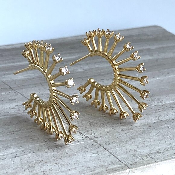 New ~ Anthropologie Gold Sunburst Crystal Tip Hoop Earrings - Picture 5 of 7